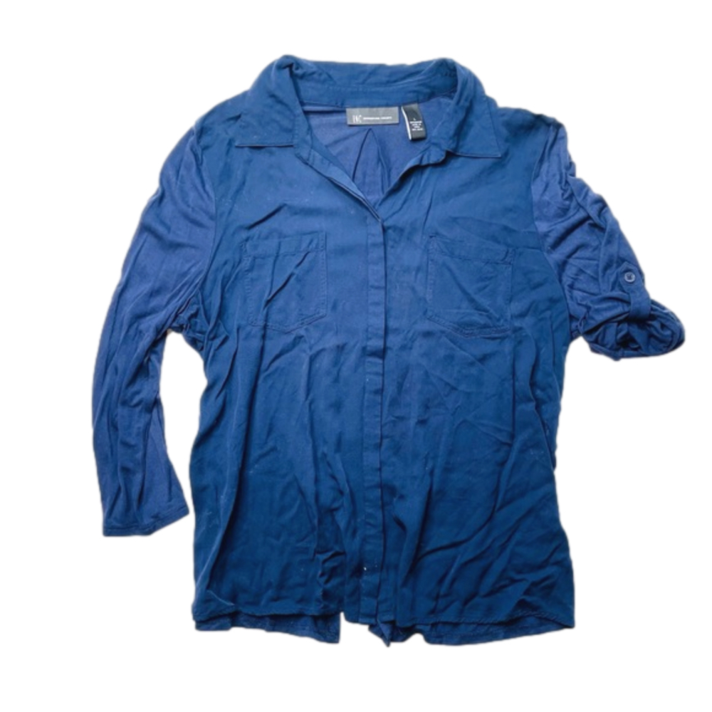 INC International Concepts Navy Blue Roll Tab Button Up Blouse Shirt Size L